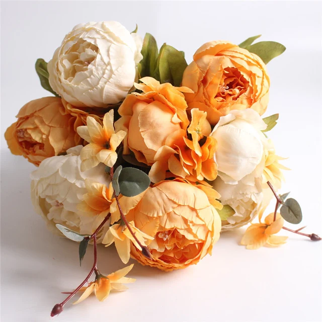 HIGHT Quality silk flower European 1 Bouquet Artificial Flowers Fall Vivid Peony Fake Leaf Wedding Home Party Decoration
