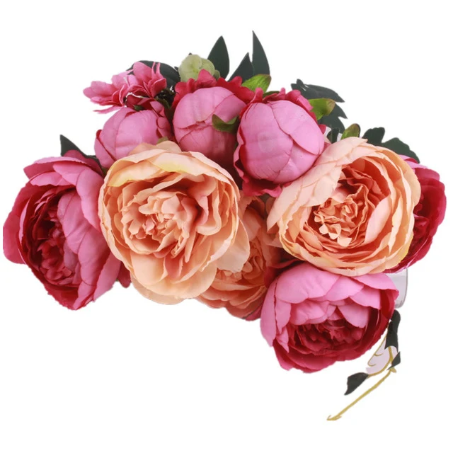 HIGHT Quality silk flower European 1 Bouquet Artificial Flowers Fall Vivid Peony Fake Leaf Wedding Home Party Decoration