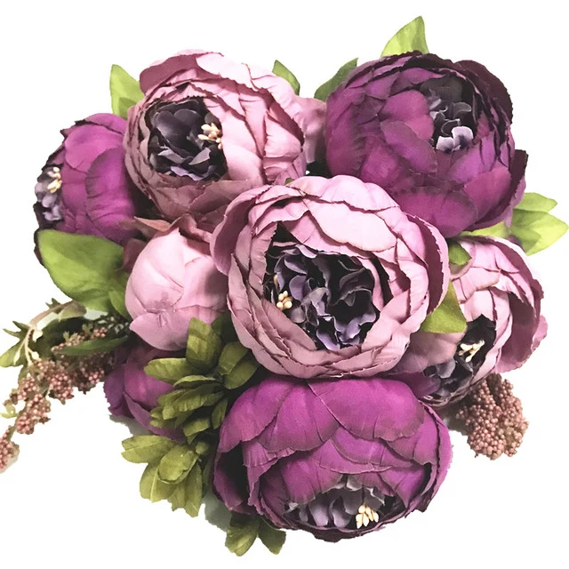 HIGHT Quality silk flower European 1 Bouquet Artificial Flowers Fall Vivid Peony Fake Leaf Wedding Home Party Decoration