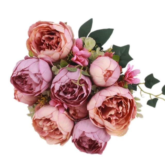 HIGHT Quality silk flower European 1 Bouquet Artificial Flowers Fall Vivid Peony Fake Leaf Wedding Home Party Decoration