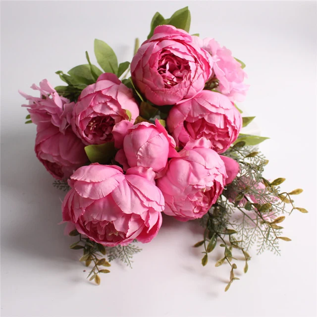 HIGHT Quality silk flower European 1 Bouquet Artificial Flowers Fall Vivid Peony Fake Leaf Wedding Home Party Decoration