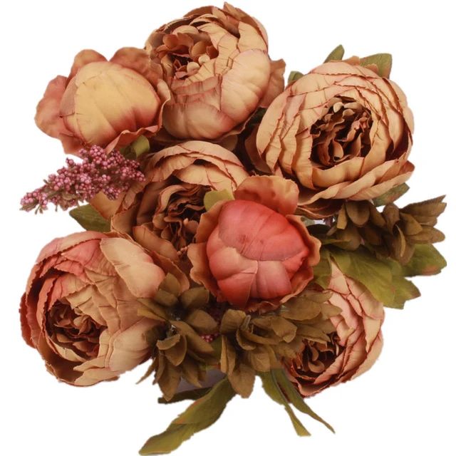 HIGHT Quality silk flower European 1 Bouquet Artificial Flowers Fall Vivid Peony Fake Leaf Wedding Home Party Decoration