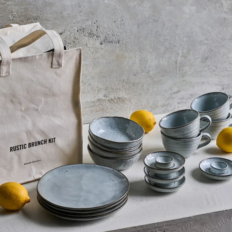 Frühstücksset Rustic Brunch-Set Grau Blau 16-teilig