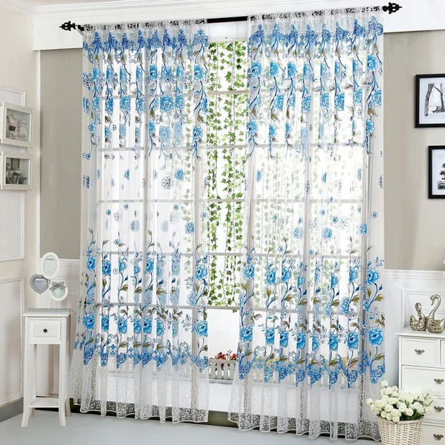 Home Office Window Curtain Flower Print Divider Tulle Voile Drape Panel Sheer Scarf Valances Curtains