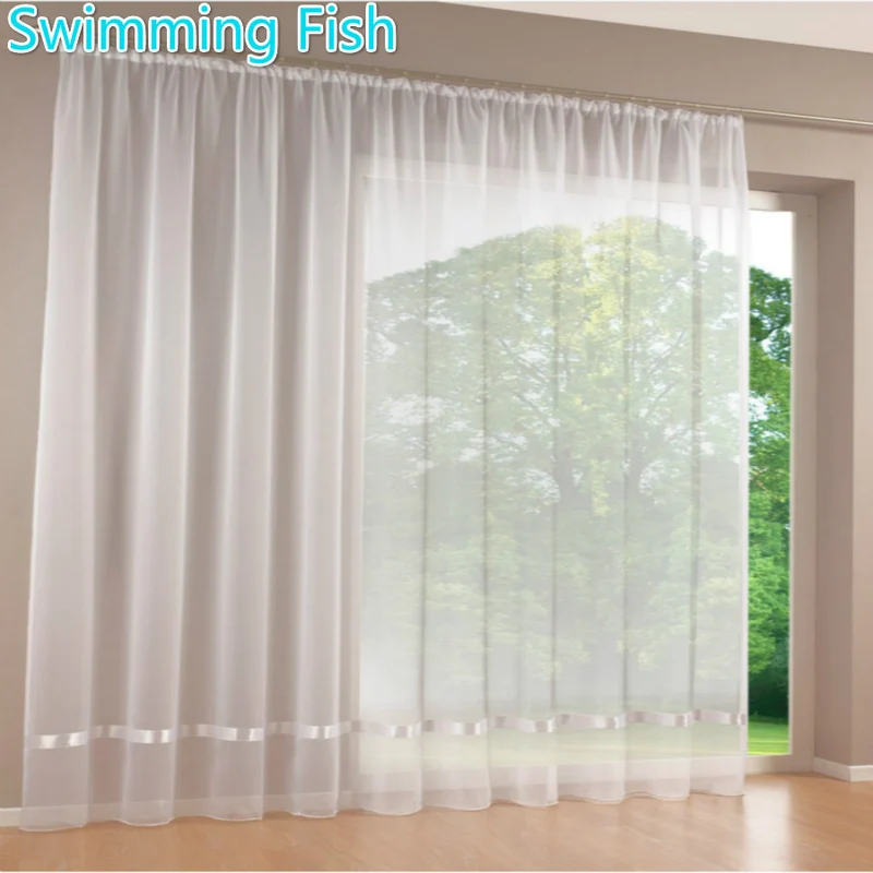 Price by Piece Quality white all-match window screens curtain tulle sheer curtian solid voile curtain with ribbon free shipping