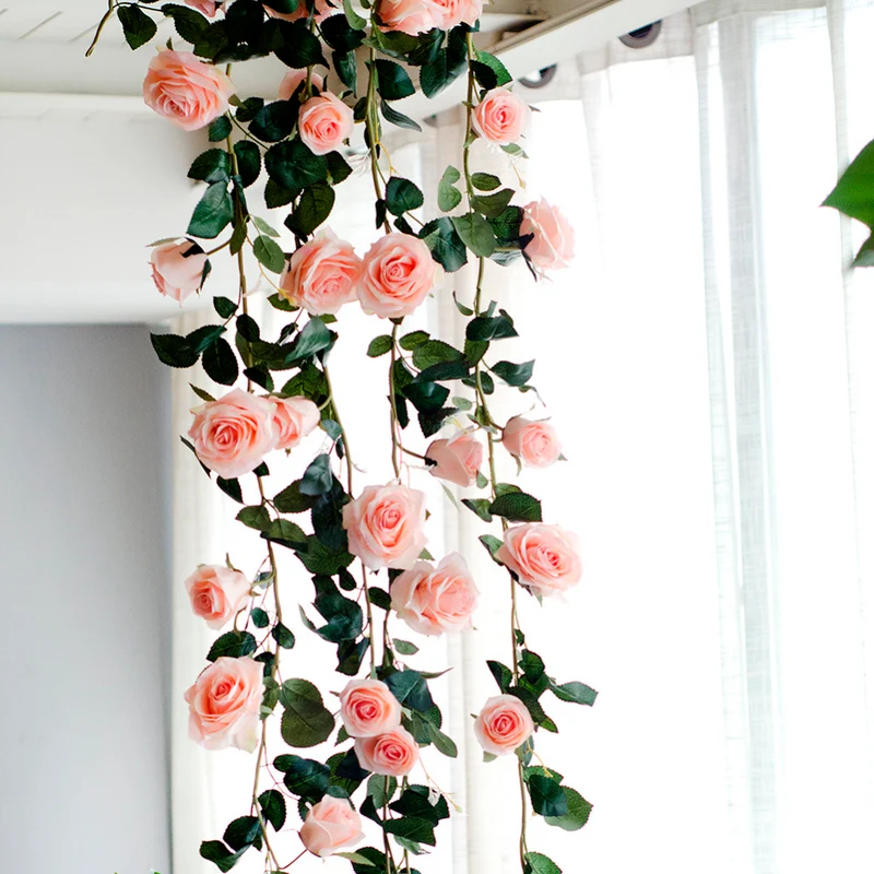 180cm Artificial Rose Flower Vine Wedding Decorative Real Touch Silk Flowers With Green Leaves for Home Hanging Garland Decor