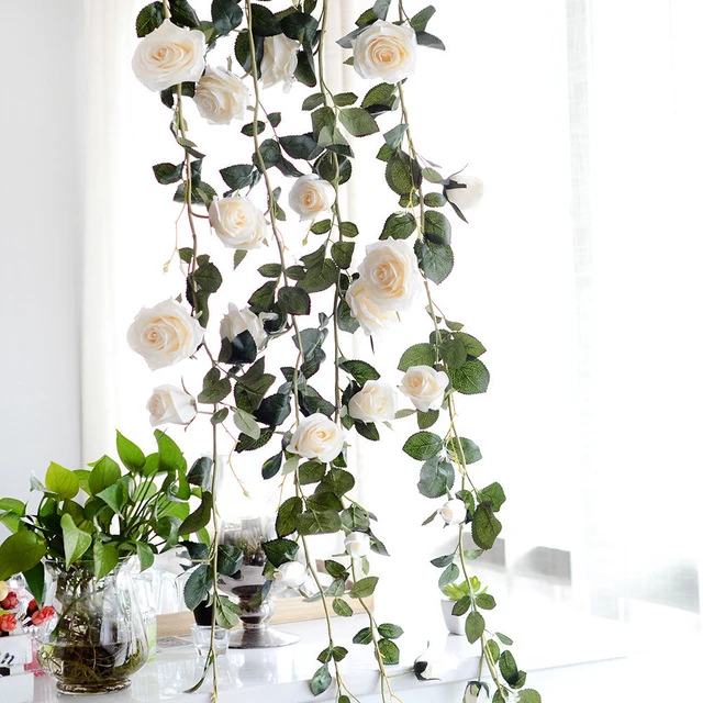 180cm Artificial Rose Flower Vine Wedding Decorative Real Touch Silk Flowers With Green Leaves for Home Hanging Garland Decor