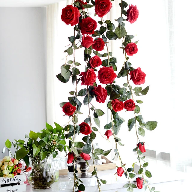 180cm Artificial Rose Flower Vine Wedding Decorative Real Touch Silk Flowers With Green Leaves for Home Hanging Garland Decor