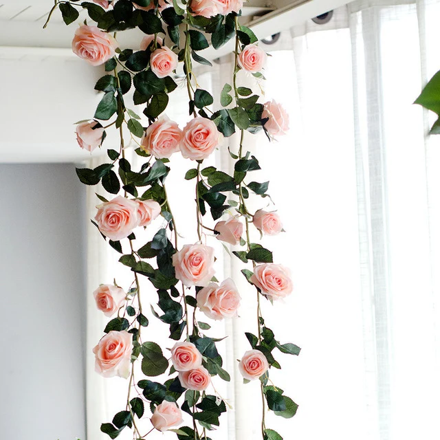 180cm Artificial Rose Flower Vine Wedding Decorative Real Touch Silk Flowers With Green Leaves for Home Hanging Garland Decor