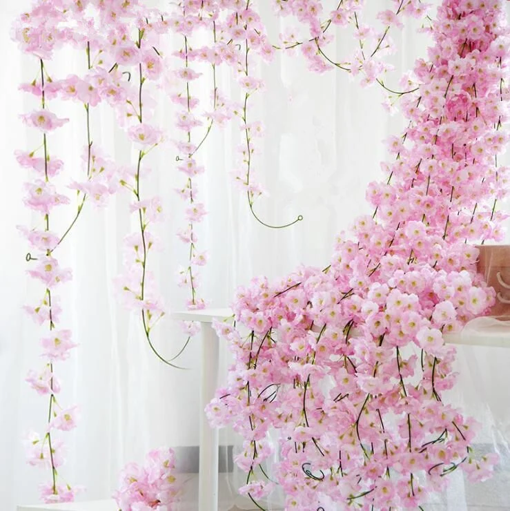 200cm Sakura Cherry Rattan Wedding Arch decoration Vine Artificial flowers Home party decor Silk Ivy wall Hanging Garland Wreath