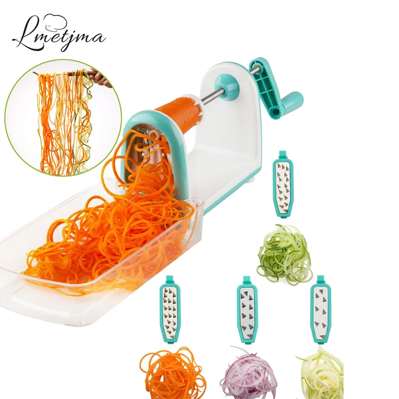 LMETJMA Spiral Vegetable Slicer with 5 Stainless Steel Blades Kitchen Vegetable Spiral Slicer with Food Container LK0823B