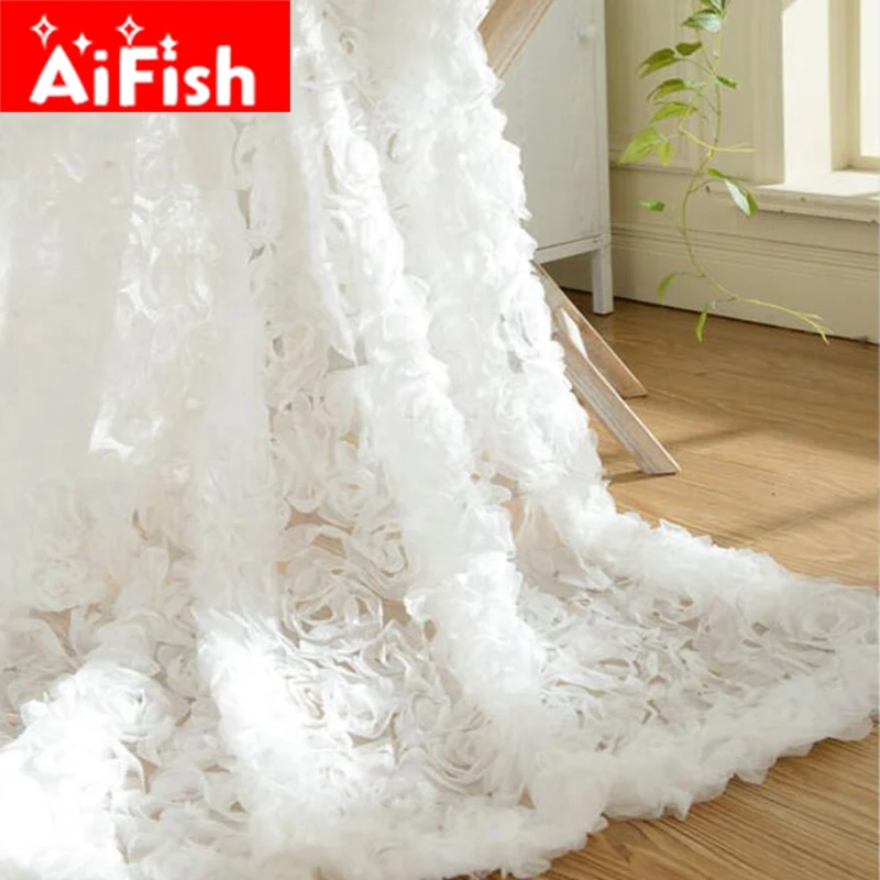 Pastoral Korean Creative White Lace 3D Rose Curtains Voile Custom Window Screens For Marriage Living Room Bedroom AF031-30