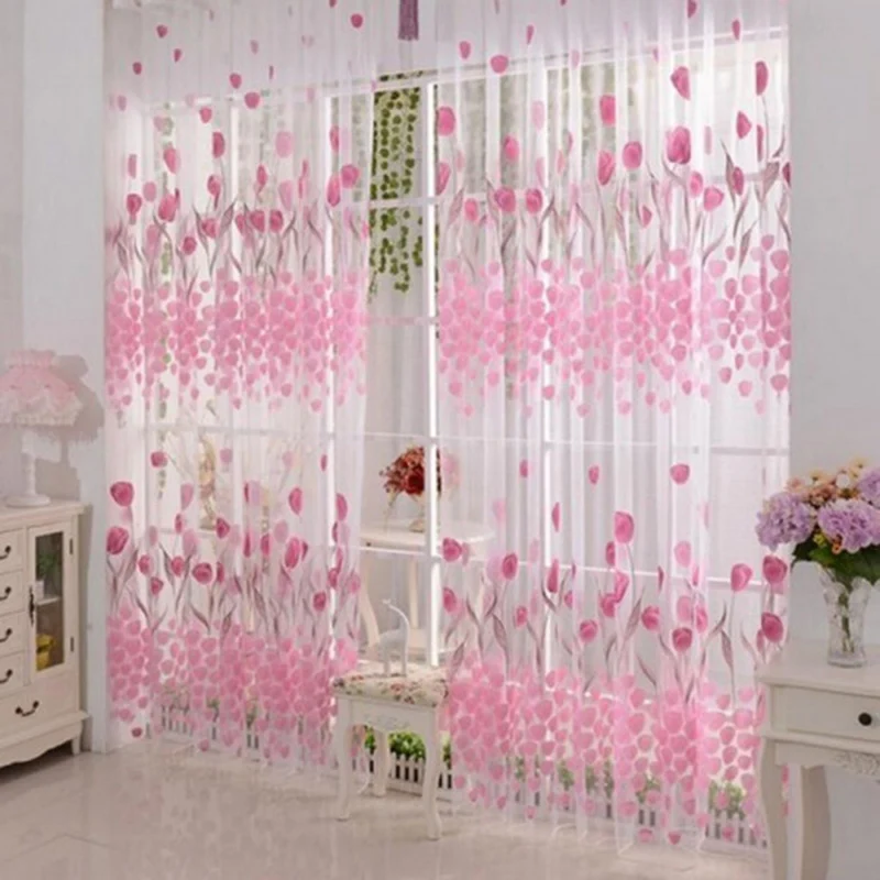 curtains for living Room Bright Tulip Curtains Flower Scarf Sheer Voile Door Window Curtain Drape Panel Valances Pink Curtain