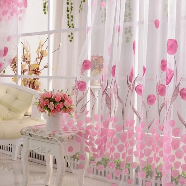 curtains for living Room Bright Tulip Curtains Flower Scarf Sheer Voile Door Window Curtain Drape Panel Valances Pink Curtain