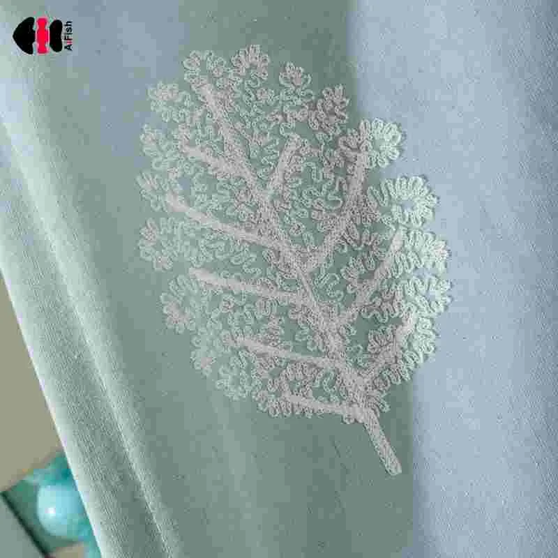 Simple Fresh Pastoral Mint Blue Coral Sea Embroidered Blackout Curtains Cotton Polyester Bedroom Living Room Gauze Panel WP316C