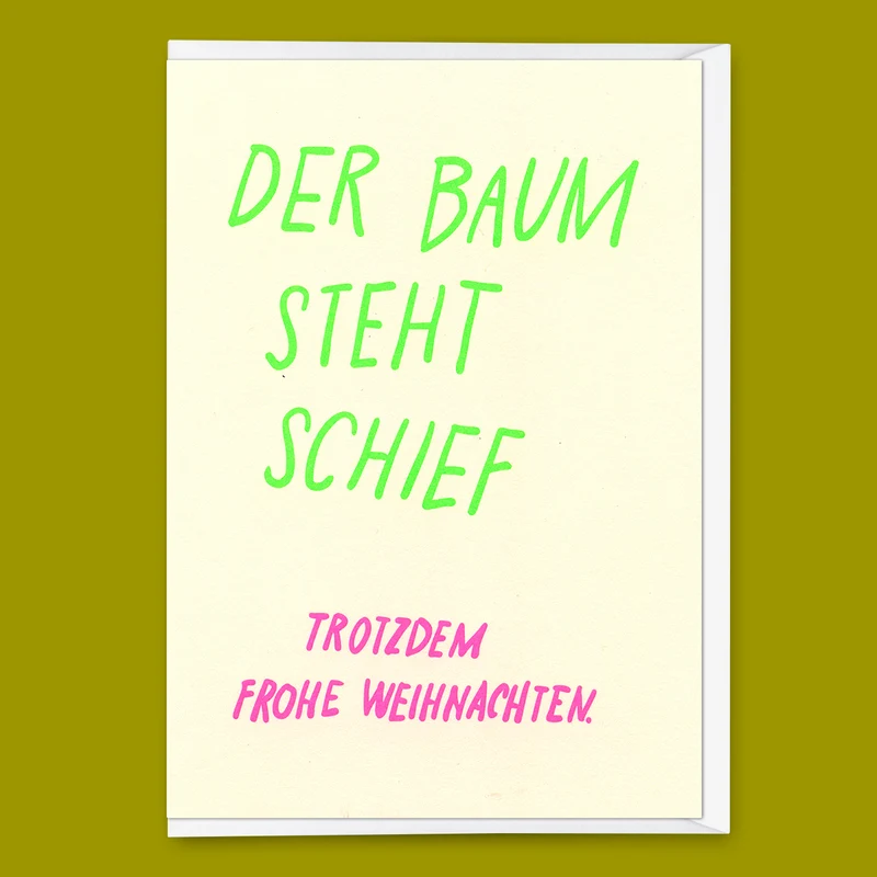 Grußkarte "Der Baum steht schief" | Lustige Klappkarte zu Weihnachten