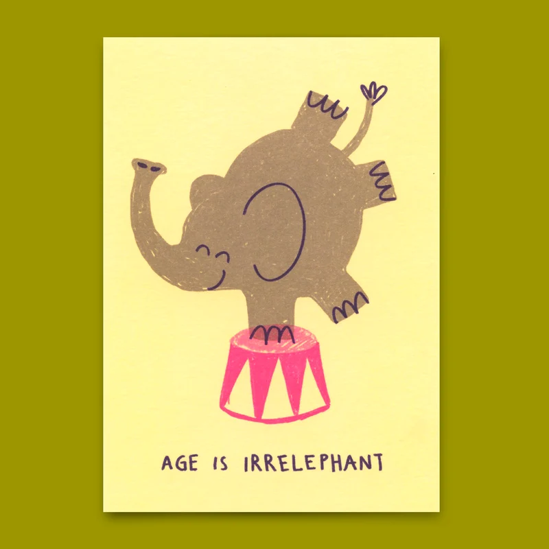 Postkarte "Age is irrelephant" | Lustige Karte mit Spruch zum Geburtstag