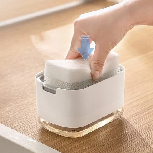 CRELIV Spülmittelspender für Küche Aufbewahrung, 2-in-1 Dosierspender mit Schwammhalter (1-tlg), Einhand-Bedienung durch das ''DRÜCKEN & PUMPEN'' Design
