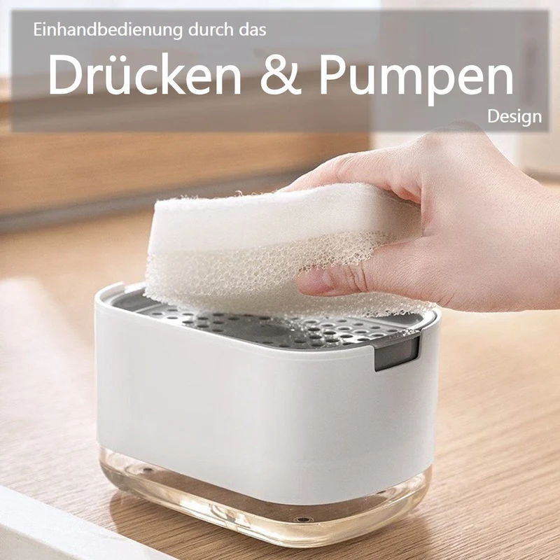 CRELIV Spülmittelspender für Küche Aufbewahrung, 2-in-1 Dosierspender mit Schwammhalter (1-tlg), Einhand-Bedienung durch das ''DRÜCKEN & PUMPEN'' Design