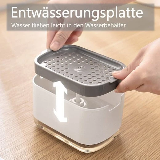 CRELIV Spülmittelspender für Küche Aufbewahrung, 2-in-1 Dosierspender mit Schwammhalter (1-tlg), Einhand-Bedienung durch das ''DRÜCKEN & PUMPEN'' Design