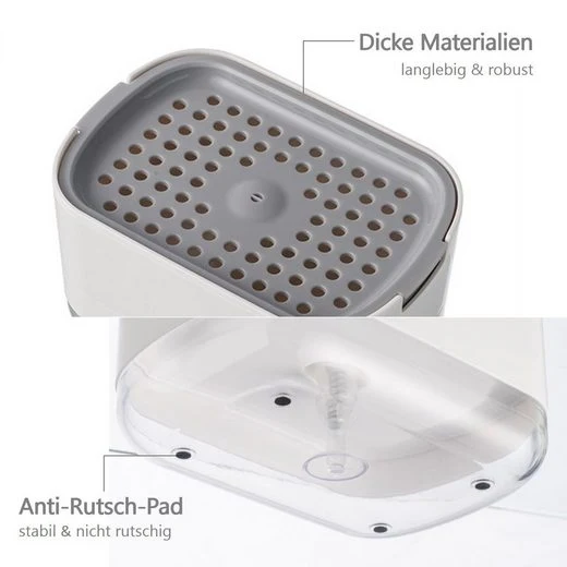 CRELIV Spülmittelspender für Küche Aufbewahrung, 2-in-1 Dosierspender mit Schwammhalter (1-tlg), Einhand-Bedienung durch das ''DRÜCKEN & PUMPEN'' Design