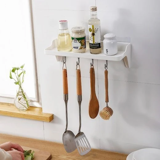 CRELIV Duschablage mit 4 Haken für BADEZIMMER oder KÜCHE, Schnelle Montage. OHNE Bohren
