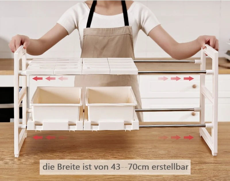 CRELIV Küchenregal mit 2 Körben (ausziehbar, Höhenverstellung) für KÜCHE, Multifunktionales Küche Aufbewahrungsregal, Höhe und Breite nach Wunsch verstellbar, ideal für Unter des Spülbeckens