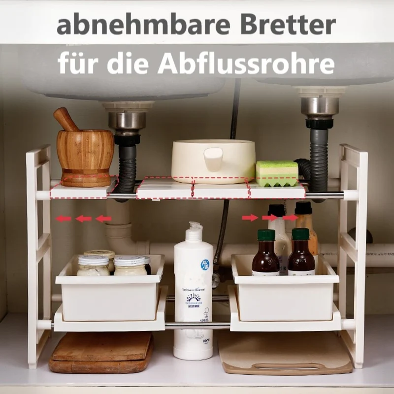 CRELIV Küchenregal mit 2 Körben (ausziehbar, Höhenverstellung) für KÜCHE, Multifunktionales Küche Aufbewahrungsregal, Höhe und Breite nach Wunsch verstellbar, ideal für Unter des Spülbeckens