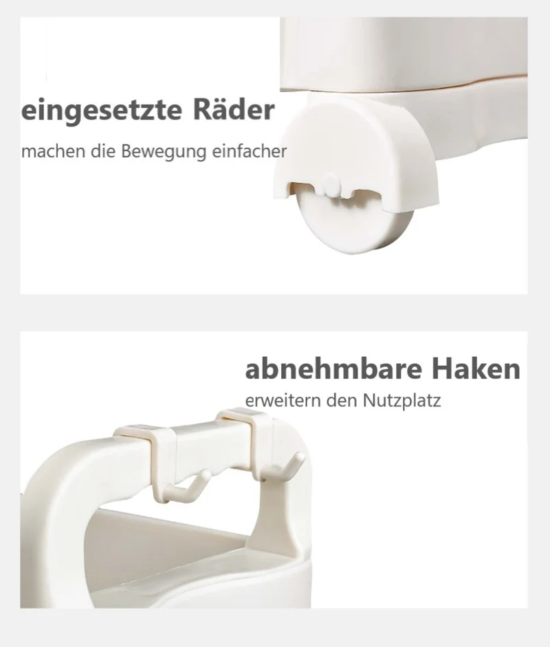 CRELIV Regal für KÜCHE oder BADEZIMMER, Regalwagen mit 3 Etagen und 4 Haken, platzsparend Ordnungswagen