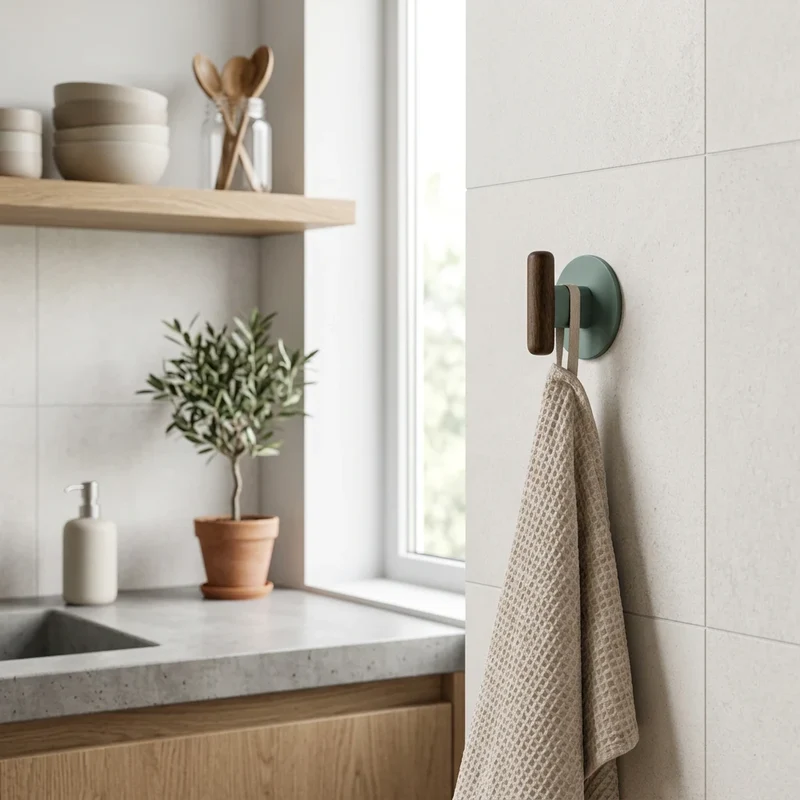 Zelfklevend handdoekhaakje metaal/hout 2 stuks Five® Cassie