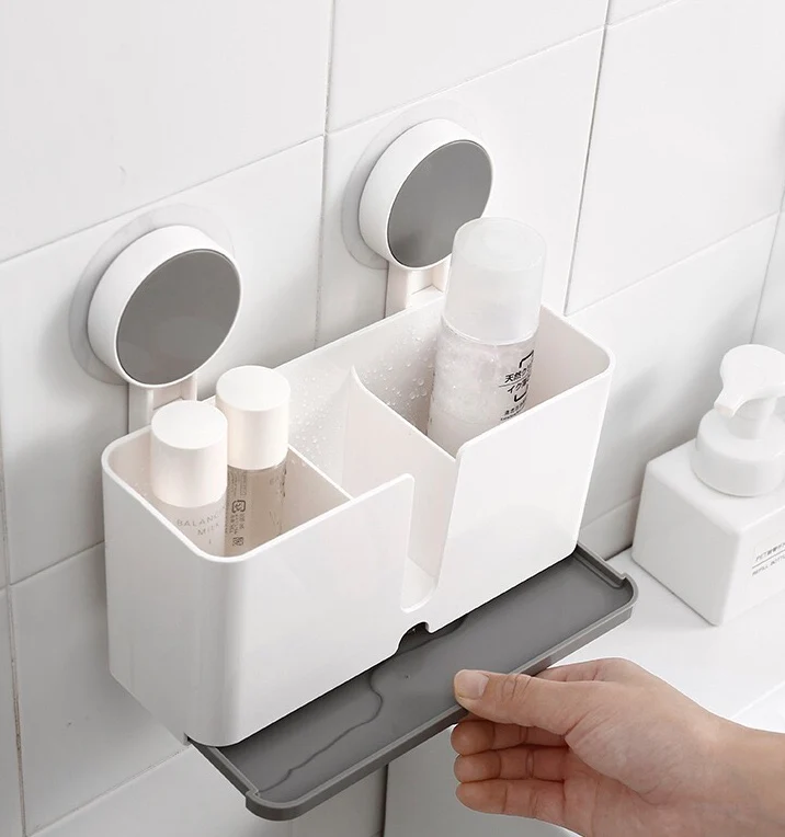 CRELIV Badorganizer für BADEZIMMER, Ordnungsbox mit Zahnbürstenhalter & Rasiererhalter, OHNE Bohren