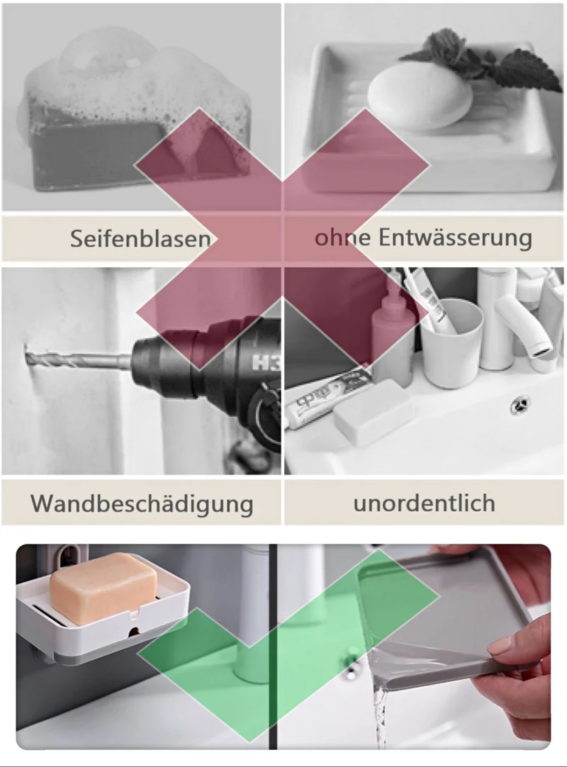 CRELIV Seifenschale (Einzelschale) für BADEZIMMER oder KÜCHE, mit Schubladen-Tropfschale, Wasser fällt in der Unterplatte, OHNE Bohren