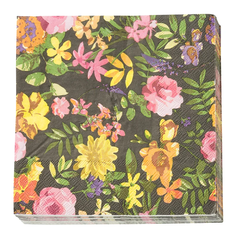 Schwarze Papierservietten mit Blumen