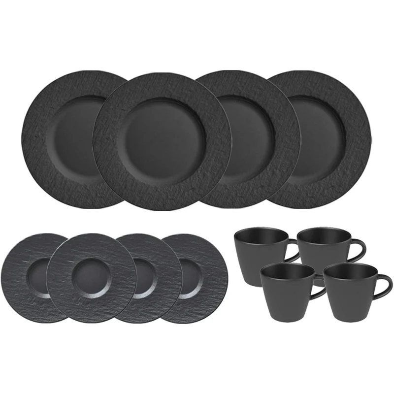 Villeroy & Boch Kaffeeservice Manufacture Rock, Kaffeegeschirr für 4 Personen, Kaffeetasse 150 ml/Kaffeeuntertasse ø 15,4 cm/Frühstücksteller ø 22 cm, Premium Porzellan, Schwarz