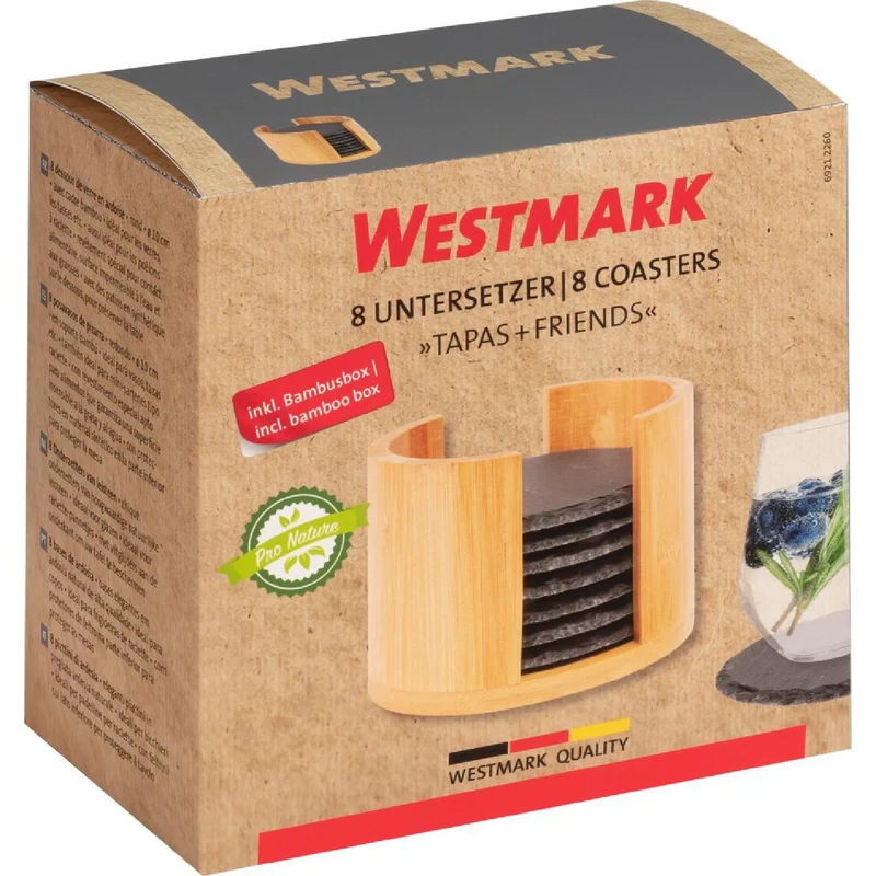 8 Naturschiefer-Untersetzer, rund, ø 10 cm, in Bambusbox