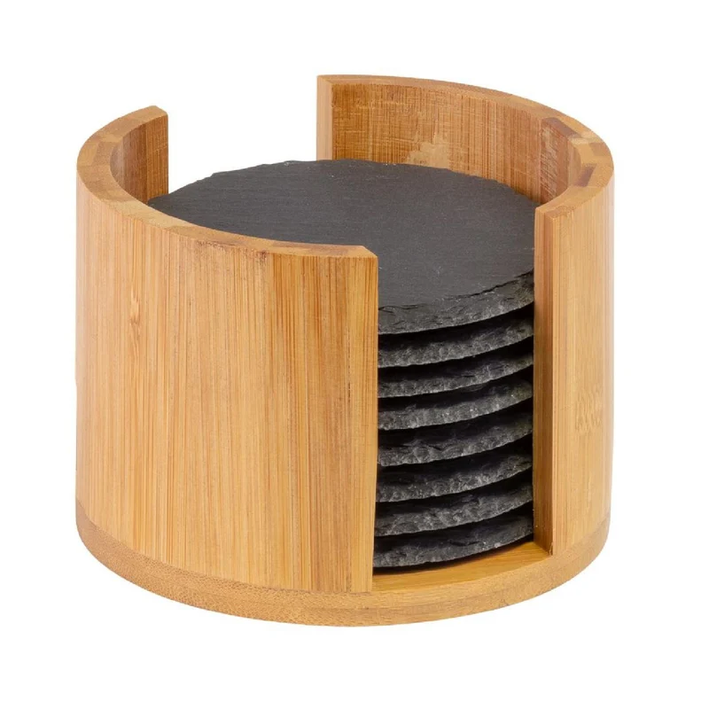 8 Naturschiefer-Untersetzer, rund, ø 10 cm, in Bambusbox