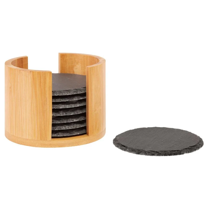 8 Naturschiefer-Untersetzer, rund, ø 10 cm, in Bambusbox