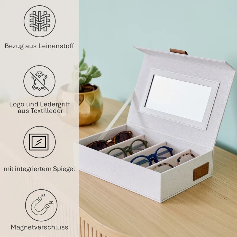 LOVE IT STORE IT Brillenbox mit Spiegel, 4 Fächer – PREMIUM NATUR