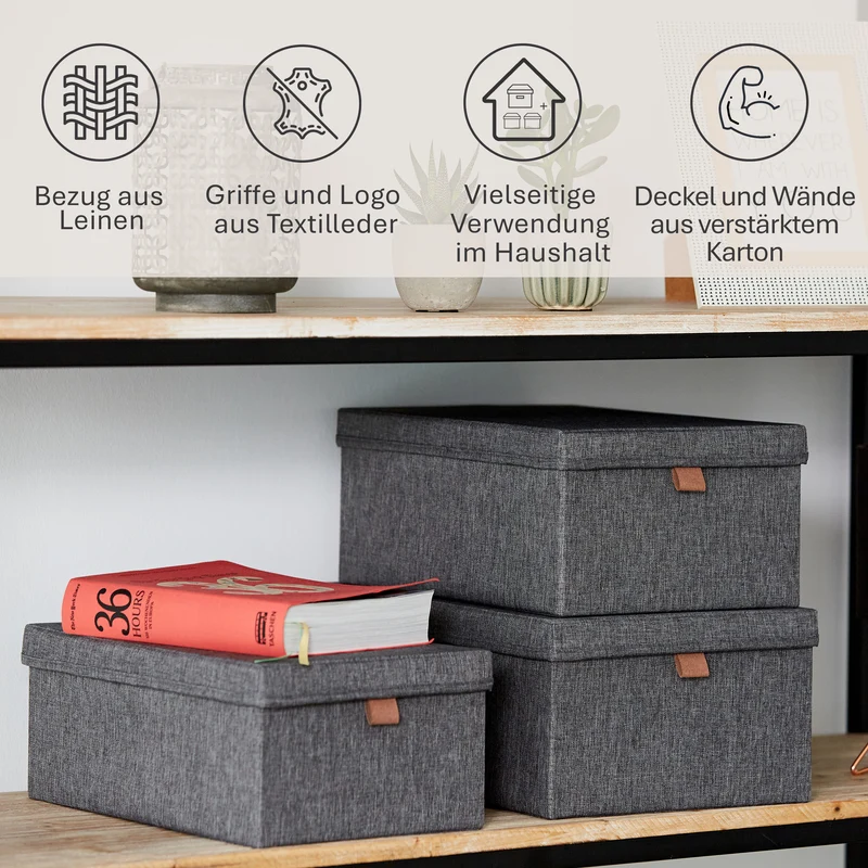 LOVE IT STORE IT Aufbewahrungsbox mit Deckel Stoff 3er Set – PREMIUM GRAU