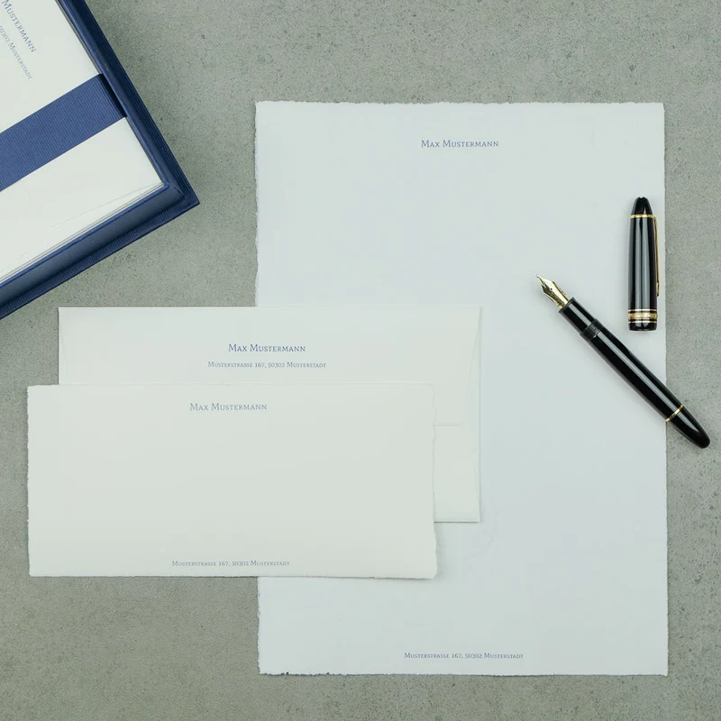 Personalisierbare Briefpapier Kassette | Edles Bütten Papier | 60 Stück | blau